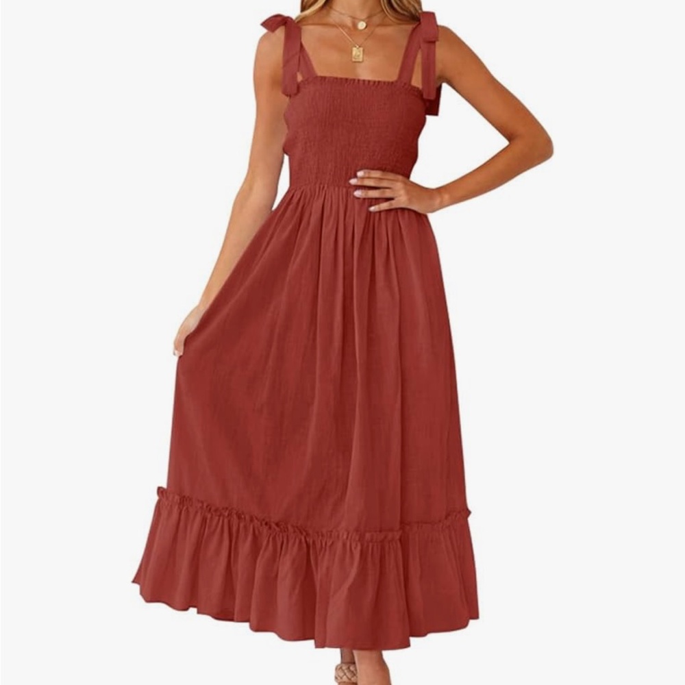 NWT Boho Square Neck Tie Strap Maxi Dress in Rust - Size L